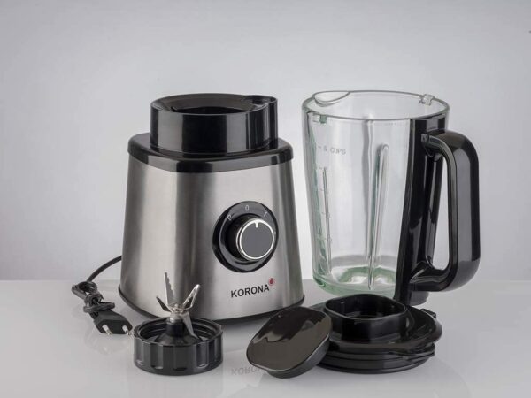 Korona 24040 blenderis/mikseris ar stikla krūzi | Maksimālais 600 W | Augstas kvalitātes nerūsējošā tērauda korpuss | 2 jaudas līmeņi | 1,5 litru tilpums | Ledus drupināšanas funkcija | Sešu asmeņu nerūsējošā tērauda asmens 3