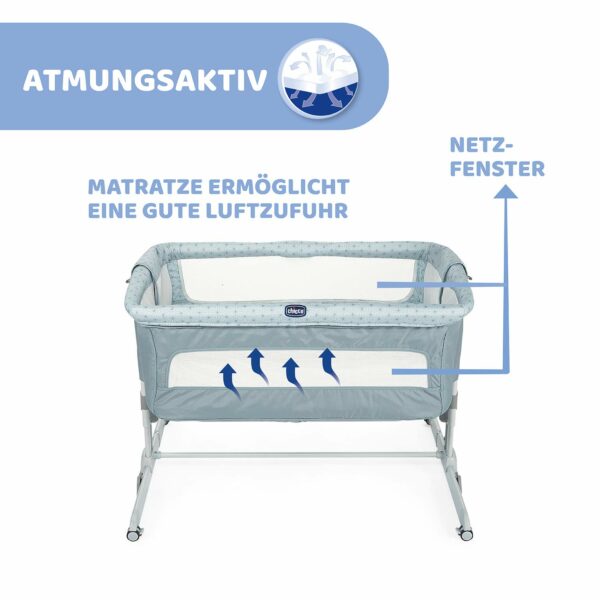 Chicco Next2Me Dream basete ar matraciņu, šūpoļu funkciju, nolokāmo sānu, regulējamu augstumu, sieta logu, 4 riteņiem un pārnēsāšanas somu - 0-6 mēneši, 9 kg 4