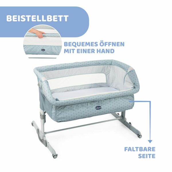 Chicco Next2Me Dream basete ar matraciņu, šūpoļu funkciju, nolokāmo sānu, regulējamu augstumu, sieta logu, 4 riteņiem un pārnēsāšanas somu - 0-6 mēneši, 9 kg 2