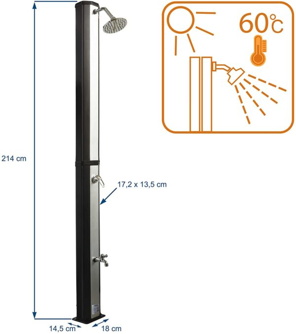 VIESTA VSS35FS Saules duša - melns un sudrabots - ar 35 litru UV izturīgu ūdens tvertni - ar kāju mazgājamo ierīci un regulējamu lietus dušas galviņu 2